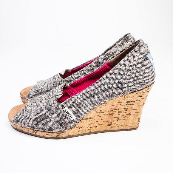 Toms PeepToe Textile Upper Cork Wedges - Picture 2 of 7